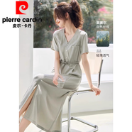皮爾卡丹（pierre cardin）萊賽爾亞麻高端優(yōu)雅連衣裙2025夏季新V領(lǐng)修身短袖連衣裙為婦女 薄荷綠 2XL (建議125-140斤_高品質(zhì))