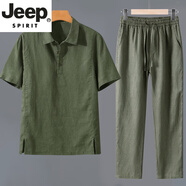 JEEP SPIRIT色織布純亞麻短袖翻領(lǐng)T恤麻布男裝100麻料polo.衫寬松休閑透氣t LH001軍綠色套裝 XL 【135-150斤】
