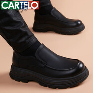 卡帝樂鱷魚（CARTELO）皮鞋男真皮商務休閑套腳一腳蹬軟皮英倫風增高防滑耐磨厚底男鞋子 黑色 38 38 【標準皮鞋尺=運動鞋39碼