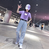 木清清女童夏季短袖闊腿褲套裝2024洋氣網(wǎng)紅女大童女孩牛仔直筒褲兩件套 紫色 110 cm