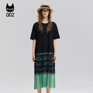 a02碎花拼接黑色連衣裙女2025新款夏季輕薄中長(cháng)款壓褶裙設計感夏 黑色 L