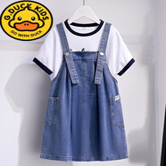 G.DUCKKIDS女童牛仔背帶裙套裝夏季2024新款中大童洋氣夏裝短袖星黛露連衣裙 淺藍(lán)色 120 (參考年齡6-7歲)(參考年齡6