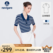 Navigare意大利小帆船短袖針織衫女士夏季顯瘦時尚條紋POLO衫V領毛衣T恤衫 海軍藍/白 L 碼