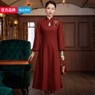 璽玥2025秋冬新款中國風(fēng)原創(chuàng)羊毛呢刺繡復(fù)古改良中式連衣裙新年 橘紅色 M (體重95~105)