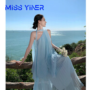 MISS YINER多巴胺海島沙灘裙單肩連衣裙海邊度假穿搭套裝藍(lán)色仙女裙兩件套 淺藍(lán)色 斜領(lǐng)沒(méi)珍珠 L