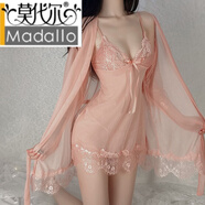 莫代爾夏季性感睡衣女蕾絲吊帶睡裙睡袍透明薄款大碼寬松冰絲家居服套裝 珊瑚粉【吊帶+內褲+睡袍+腰帶】  XL 170 125-140斤