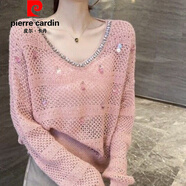 皮爾卡丹（pierre cardin）今年流行漂亮粉色鏤空針織衫2026春夏新款長(cháng)袖防曬亮片氣質(zhì)毛衣 粉色上衣【高級】 XL _建議120-135斤