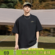 viishow純棉簡(jiǎn)約復(fù)古字母印花短袖夏季高街潮牌休閑寬松體恤透氣T恤男 黑色 M