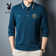 花花公子長(cháng)袖t恤男士polo翻領(lǐng)上衣服春秋款棉質(zhì)有領(lǐng)T打底衫高檔男裝婆羅衫 ZMN8029孔雀藍 L（120-140斤）