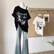 BMOI多巴胺中長(cháng)款露肩短袖t恤女2025夏大碼胖mm遮肚炸街獨特漂亮上衣 黑色 M