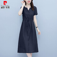 皮爾卡丹（pierre cardin）大碼2025新款韓版抽繩收腰氣質(zhì)顯瘦短袖中長(cháng)裙女純色棉麻連衣裙子 深藍色 XL (建議115-130斤)