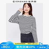 佐丹奴T恤女新款減齡甜妹風純棉?；晟雷采珬l紋長袖t恤女13322751 09黑白條紋色 S