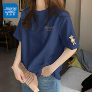 真維斯（JEANSWEST）純棉短袖女夏季2025新款休閑百搭半袖體恤衫女士潮流t恤女上衣服 藏青 帶帽小熊_K-帶帽小熊袖_K 2XL