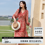 尚都比拉春秋中長款印花紅色連衣裙氣質(zhì)女神范顯瘦度假裙子 紅花 XL 
