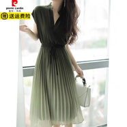 皮爾卡丹（pierre cardin）神秘優(yōu)雅漸變綠色長(cháng)裙提膚色顯白收腰百褶雪紡連衣裙女夏季 綠色 M 建議90-100斤