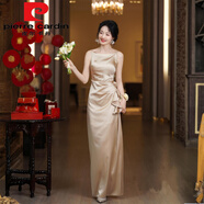 皮爾卡丹（pierre cardin）2025新款香檳色伴娘服夏季緞面感小眾禮服裙女 F7 長(zhǎng)款 香擯金 拉鏈款 M