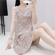 無(wú)袖棉綢洋裝女夏季大尺碼時(shí)尚中長(cháng)版背心裙寬松遮肉顯瘦碎花裙子 白底碎花 L 建議95斤-105斤