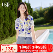 歐莎（OSA）小清新愛心提花針織衫女夏季新款寬松顯瘦薄款v領(lǐng)短袖T恤上衣 藍(lán)色 XL