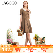 lagogo復(fù)古拼接蕾絲花邊連衣裙女拉谷谷夏季新款氣質(zhì)泡泡袖A字裙 咖啡色(U1) S
