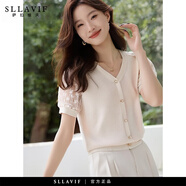 薩拉維夫短袖T恤女2025夏季新款小香風(fēng)氣質(zhì)V領(lǐng)冰絲針織衫內搭薄款中袖上衣 杏色 均碼 M