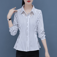 啄木鳥(niǎo)蕾絲衫條紋長(cháng)袖襯衫春夏裝新款韓版時(shí)尚雪紡上衣女百搭襯衣女士 白色_條紋 M _88-98斤