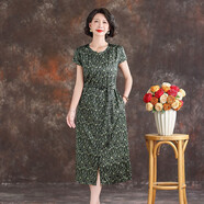 齊黛真絲連衣裙女士夏季新款高端氣質(zhì)時尚小個子圓領(lǐng)腰帶桑蠶絲裙子 翠影花箋 4XL /140-155斤