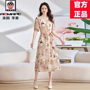 AEMAPE貴夫人桑蠶絲格紋連衣裙2025夏季新款海邊度假風(fēng)顯瘦高腰真絲裙子 駝色 L