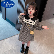 迪士尼（Disney）2023春秋裝童海軍領(lǐng)格子連衣裙兒童娃娃領(lǐng)公主裙寶寶洋氣裙子 黑白色 黑白格子裙 90 (適合身高80厘米)