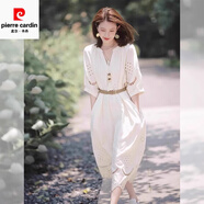 皮爾卡丹（pierre cardin）波嬉風(fēng)法式鏤空V領(lǐng)白色連衣裙女夏季獨(dú)特漂亮民族風(fēng)波西米亞長裙 白色連衣裙 【夏裝/早夏/夏款/夏日/夏天/顯瘦氣 XL