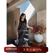 三吉黑花【知鶴】新中式國風(fēng)夏日漂亮小套裝女夏重工珠片繡半身裙 墨黑半裙 L