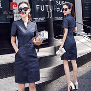 皮爾卡丹（pierre cardin）牛仔連衣裙女2025夏短袖V領(lǐng)中長(zhǎng)裙A字裙高腰包臀裙 短袖款 M