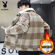花花公子（PLAYBOY）秋冬季新款加絨加厚夾克毛呢棉服男士韓版夾克翻領(lǐng)妮子棉襖外套男 1513咖啡色 XL 125-140斤