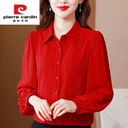 皮爾卡丹（pierre cardin）襯衫女高貴遮肚子雪紡衫24年新款女裝秋季寬松襯衫 紅色 S 建議80-90斤