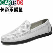 卡帝樂鱷魚（CARTELO）男鞋春夏季男士休閑皮鞋軟面商務(wù)休閑鞋軟底懶人豆豆鞋鏤空皮涼鞋 9975白色 36