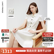 朗姿2025年春季新款白色短袖翻領(lǐng)收腰連衣裙墊肩高級感氣質(zhì)裙子女 米白色2 L
