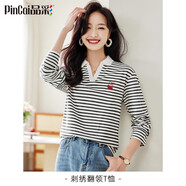品彩（PinCai）長袖T恤女春秋時尚v領(lǐng)條紋polo衫櫻桃刺繡上衣打底衫 P143T2039