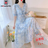 AEMAPE雪紡仙女長(zhǎng)裙子夏季新款法式v領(lǐng)度假風(fēng)碎花顯瘦氣質(zhì)短袖連衣裙女 藍(lán)色【連衣裙】 XL 建議120-135斤