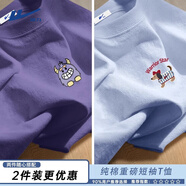 回力休閑短袖男t恤夏季趣味怪獸紫色寬松透氣半袖重磅純棉體恤衫男生 【兩件裝】紫色(紫齜牙怪)+冰川藍(h蝴蝶臘腸) L /175(回力潮牌品質(zhì)保障)