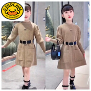 小黃鴨女童連衣裙秋裝2024新款兒童洋氣時髦秋冬裝大童女裝毛衣公主裙子 卡其色1590法式毛衣裙配皮帶 120