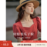 茵曼（INMAN）百搭法式褶皺方領(lǐng)短袖T恤2025夏季新款女裝修身顯瘦襯衫上衣 復(fù)古紅 L