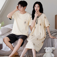 頌感睡衣女士夏季純棉睡裙連衣裙春秋情侶套裝男士夏天家居服短袖薄款 條紋 T19612 均碼 情侶二套裝（尺碼請留言）