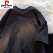 皮爾卡丹（pierre cardin）刺繡重磅純棉短袖T恤男潮牌ins寬松體恤美式楓葉繡花體恤上衣 黑色  S 90斤-110斤