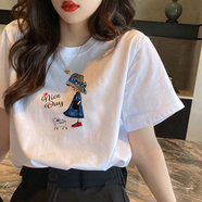 以純A21純棉短袖T恤女2025夏季新款百搭字母印花白色寬松套頭上衣 白色貓女孩 S  建議70-95斤