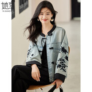 她享 牛仔外套女新復(fù)古回潮國風(fēng)刺繡外套春秋裝牛仔上衣開衫T143U5001