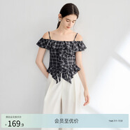 亦谷荷葉邊一字肩小衫女2025夏季新款復古黑白格紋千禧辣妹風上衣 灰格 S