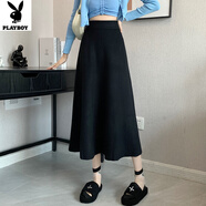 花花公子（PLAYBOY）高腰顯瘦a字裙女秋冬新款休閑遮跨裙子中長(zhǎng)款毛線短裙針織半身裙 黑色 中長(zhǎng)款 S 建議85-99斤