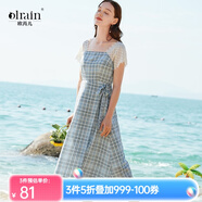 Olrain歐芮兒夏裝女裝短袖蕾絲拼接格子連衣裙女中長款氣質(zhì)A字裙 藍(lán)色 S