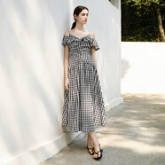 亦谷（YIGUE）【天絲】亦谷荷葉邊小飛袖連衣裙女2025夏季新款優(yōu)雅修身中長(zhǎng)裙子 黑白格 L 16588A110-125斤