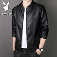 花花公子（PLAYBOY）夾克男外套男士皮衣春秋季新款商務(wù)皮夾克中青年百搭寬松上衣 黑色常規(guī)款 XL (建議120-135斤)