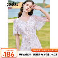百圖betu女裝夏季新款連衣裙V領(lǐng)碎花顯瘦飛飛袖連衣裙女2304T82 淡紫 L